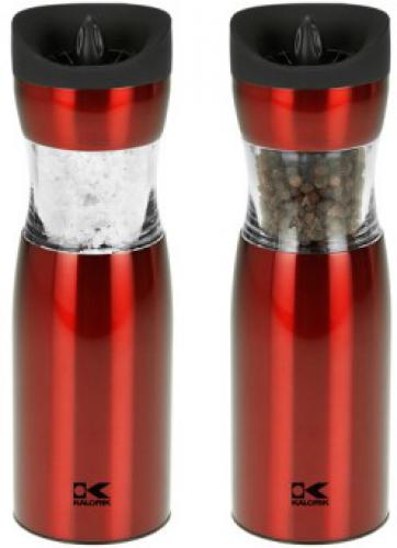 Kalorik PPG 37241 R Electric Gravity Salt and Pepper Grinder Set Red; Set of 2 electric pepper mills, with gravity function; Durable Stainless steel housing; With ceramic grinder, performant and rust free; Works on 6 x AAA batteries (each mill); Adjustable grind level, from coarse to fine; Dimensions: 2.5 x 2.5 x 7.33; UPC 848052002616 (PPG37241R PPG 37241 R)